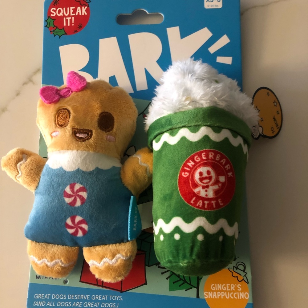 Bark Gingers Snappuccino Latte Dog Toys 5 inch Plush Squeaker Crinkle Playtime